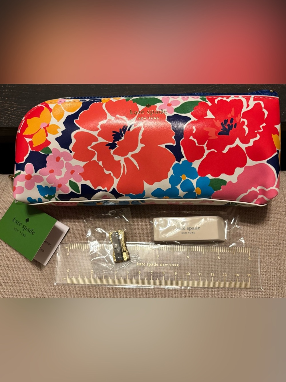 Kate spade Sunset Blooms pencil pouch and contents NWT